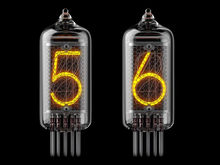 Foto indicador de tubo nixie número 5 cinco y 6 seis sobre fondo negro
