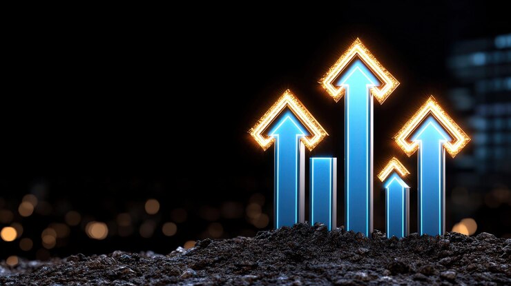 Indicadores de crecimiento con flechas brillantes que representan el progreso y el éxito en los negocios