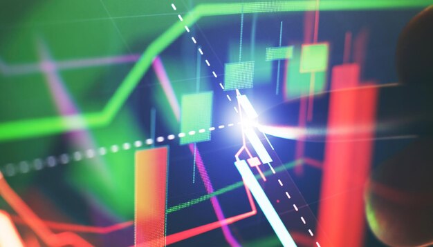 Índice bursátil en el monitor de la computadora Datos financieros en un monitor que incluye Market Analyze Gráficos de barras Diagramas cifras financieras