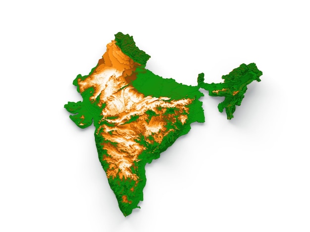 Indien-Karte mit den Flaggenfarben Weiß, Grün und Orange Schattierte Reliefkarte 3D-Darstellung