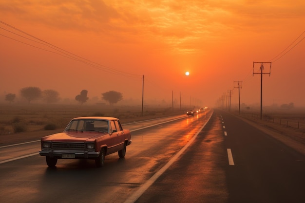 Indien Sonnenaufgang Autobahn Morgengrauen umarmt im Nebel wunderschönes Sonnenaufgangsbild