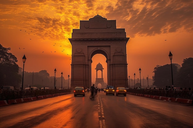 Indien-Tor bei Sonnenaufgang, berühmtes Wahrzeichen von Neu-Delhi, keine Menschen