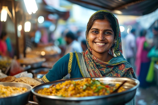 Indígena vendedora de comida callejera mujer estilo bokeh fondo