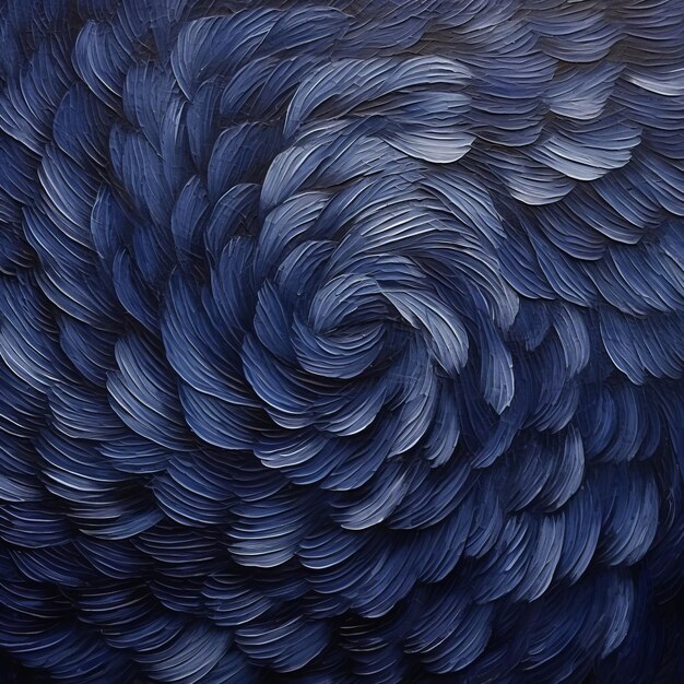 Indigo Feathers ein modernes Gemälde aus textiertem Realismus und spiralförmigen Wirbelmustern