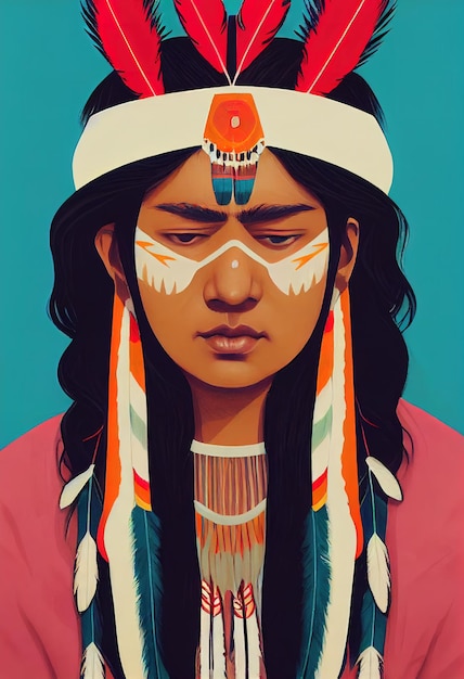 Índio cherokee com penas em sua ilustração de cabeça