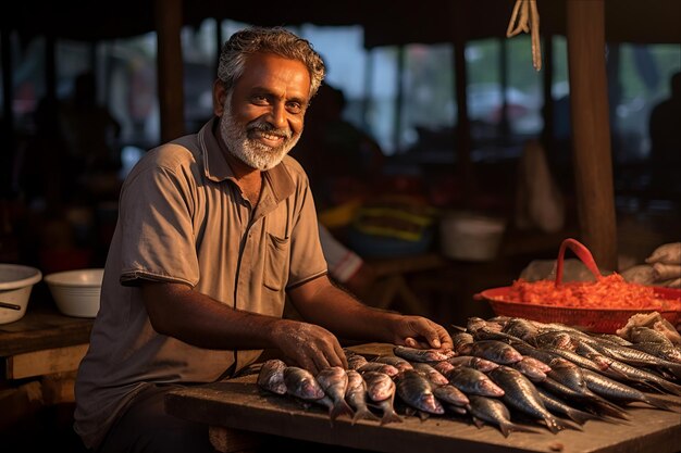 Un indio vendiendo pescado fresco en un mercado de pescado en Calcuta