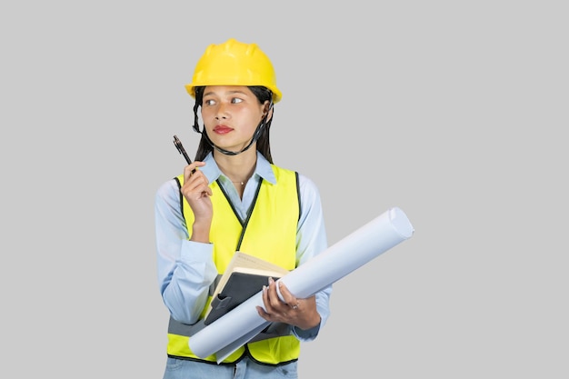 Indisch-Nepalesisch-Asiatischer Bauingenieur mit Diagrammtafel und Notizbuch gibt Ausdrucksgesten