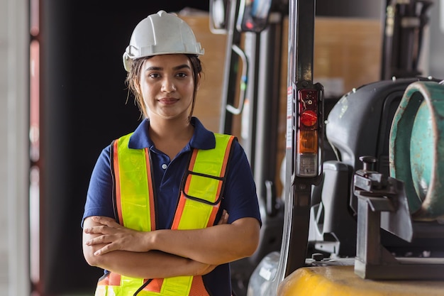 Indische Arbeiterin, Ingenieurin, Supervisorin in Sicherheitsanzügen, arbeitet im Fabriklager