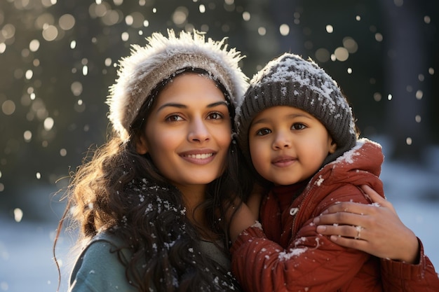 Indische asiatische junge Familie oder Leute, die im Schnee spielen