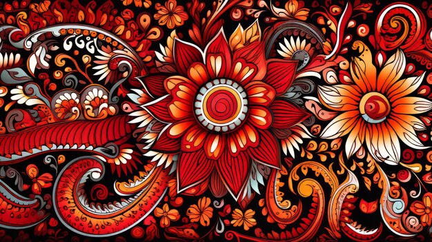 Indische Blumenmuster-Illustration. Lebendiger Geist farbenfroher Indianer mit authentischem Blumenmuster