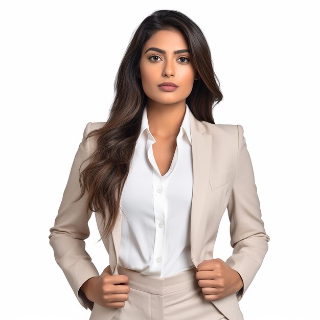 Foto indische corporate-frau modell in einem hellen kleid schaut nach vorne zu einem isolierten foto