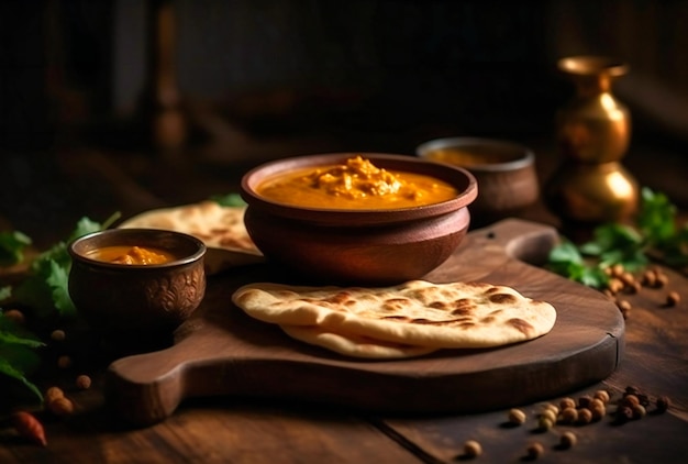 Indische Currysauce und Fladenbrot auf Holztisch