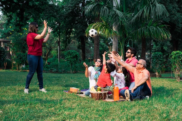 Indische Familie, die Picknick genießt - Mehrere Generationen asiatischer Familien sitzen über Rasen oder grünem Gras im Park mit Obstkorb, Matte und Getränken. selektiver Fokus