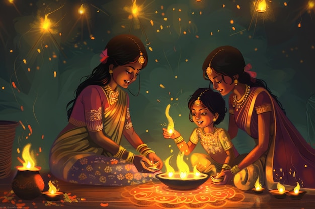 Foto indische familie feiert diwali mit feuerwerk