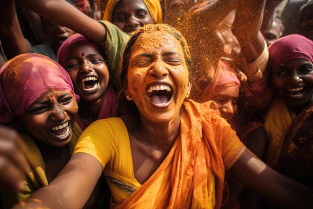 Indische Feiertags-Holi-Frauen indischer Abstammung, bestreut mit Farben
