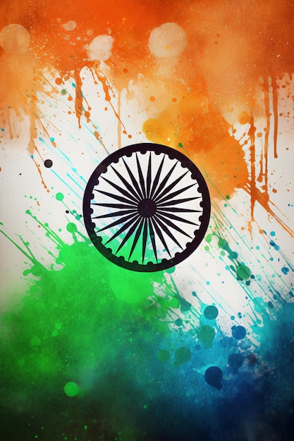 Indische Flagge Splash Ink Kunsthintergrund mit Siegessymbol Generative KI