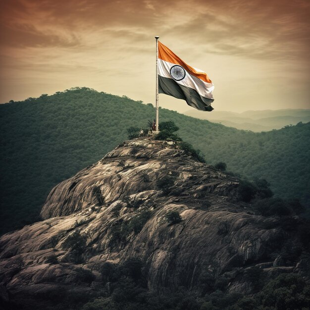 Indische Flagge weht auf einem Hügel. Generative KI