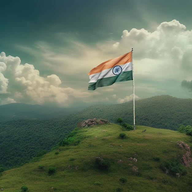 Indische Flagge weht auf einem Hügel. Generative KI