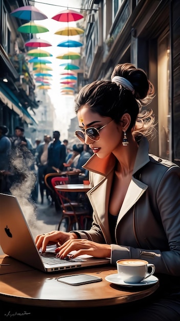 Indische Frau arbeitet an einem Laptop in einem Straßencafé und trägt stilvolle schlaue Kleidung, Jacke und Brille