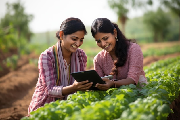 Indische Frau benutzt Tablets auf dem Landwirtschaftsfeld