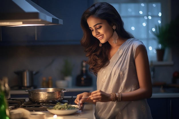 Foto indische frau im traditionellen saree und kochen in der küche