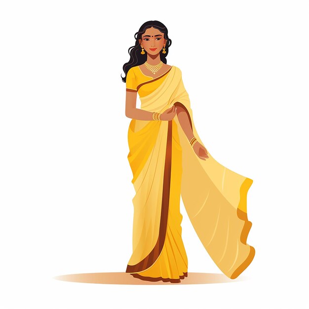 Foto indische frau in gelber saree, flaches design, vektorillustration auf isoliertem hintergrund