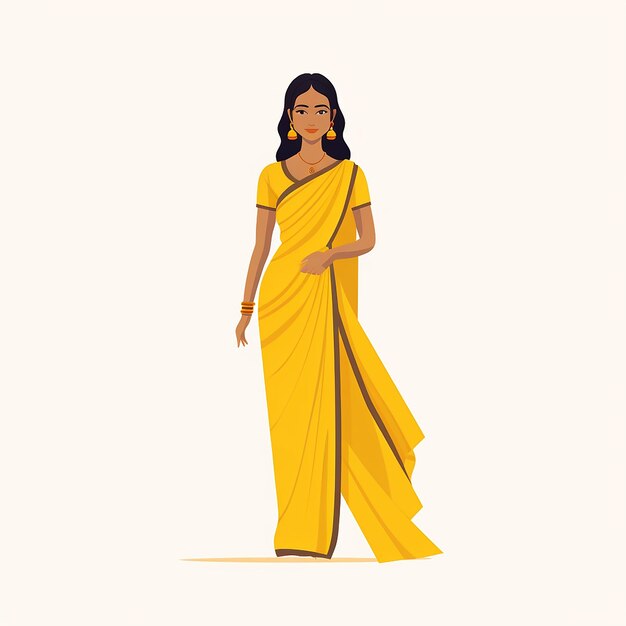 Foto indische frau in gelber saree, flaches design, vektorillustration auf isoliertem hintergrund