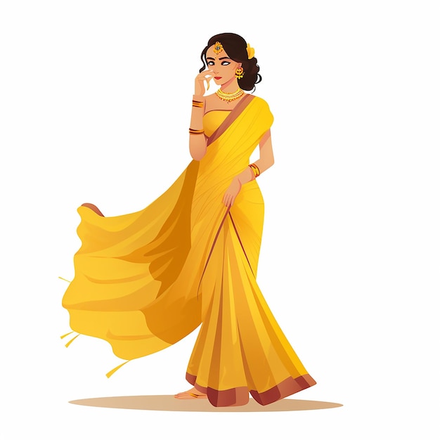 Indische Frau in gelber Saree, flaches Design, Vektorillustration auf isoliertem Hintergrund