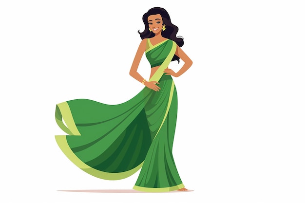 Indische Frau in grüner Saree Vektorillustration isoliert auf weißem Hintergrund flach Design