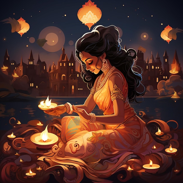 Indische Frau kniet bei Kerzen und feiert Diwali