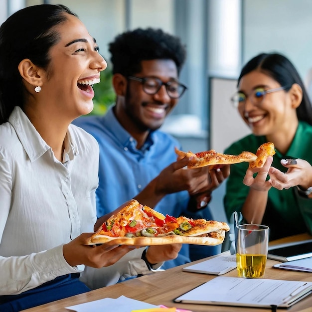 Indische Frau lacht über lustigen Witz und isst Pizza mit verschiedenen Kollegen im Büro