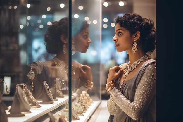 Foto indische frau sucht schmuck für sich in einem schmuckladen