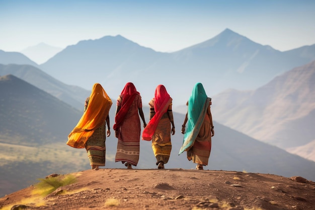 Indische Frauen in farbenfrohen Saris auf dem Gipfel eines Hügels