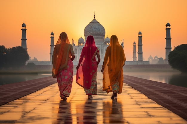 Indische Frauen in farbenfrohen Saris und Tempeln