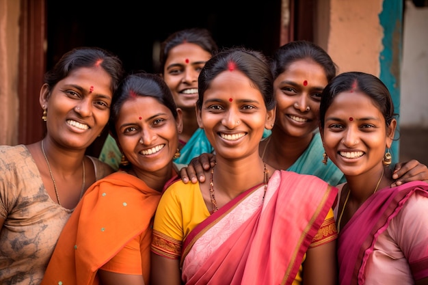 Indische Frauen in traditionellen Kleidern lächeln, während sie ein Selfie machen