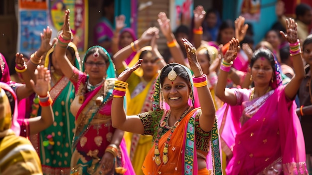 Indische Frauen in traditioneller Kleidung führen während eines Festivals einen traditionellen Tanz auf. Sie lächeln alle und winken mit den Armen in die Luft.