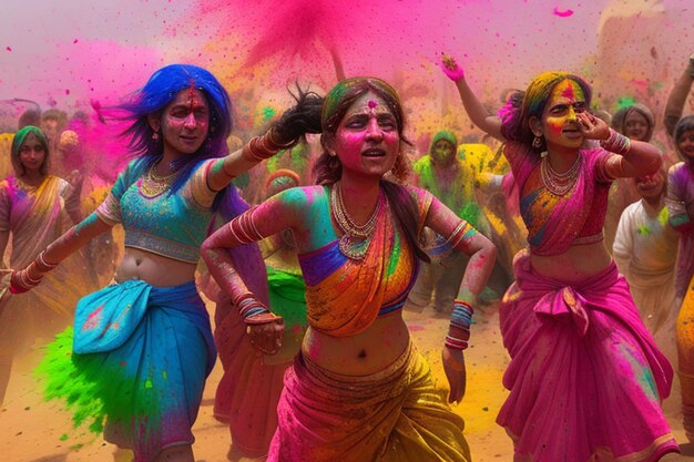 Indische Frauen werfen farbiges Holi-Pulver