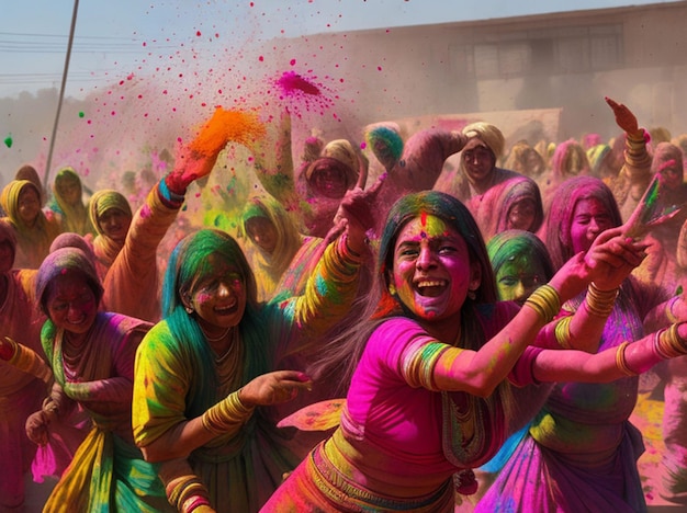 Indische Frauen werfen farbiges Holi-Pulver