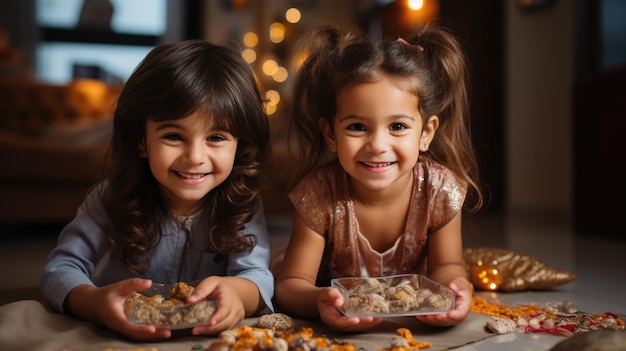 Indische Geschwister mit Diwali-Geschenkboxen sitzen auf dem Boden in dekoriertem Haus