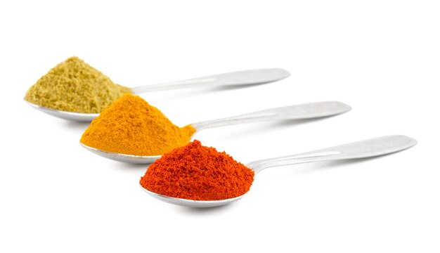 Indische Gewürze in Löffel wissen auch als Red Chilli Powder, Kurkuma Pulver, Koriander Pulver