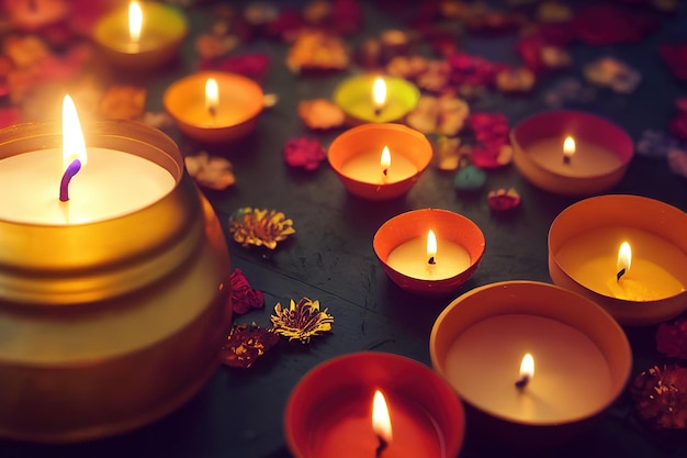 Indische hinduistische leichte Diwali-Festkerze mit Feuer auf dunklem Hintergrund