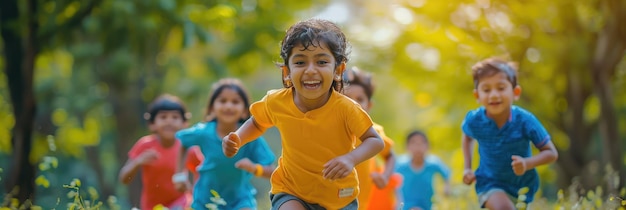 Indische Kinder amüsieren sich draußen im Frühlingspark Generative Ai