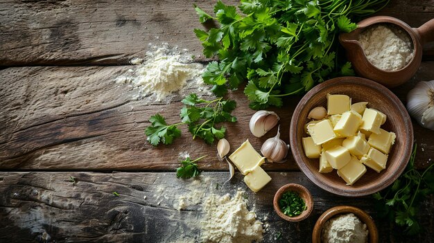 Indische Knoblauch-Naan-Zutaten auf Holzoberfläche