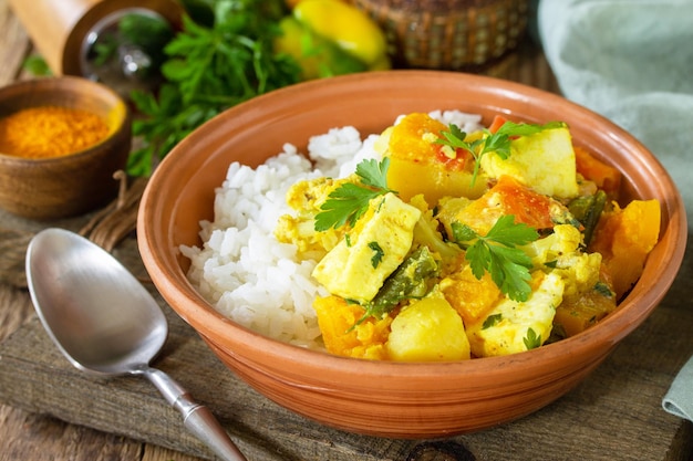 Indische Küche Gericht Sabji Traditioneller indischer Gemüseeintopf mit Weichkäse Kurkuma und Reis
