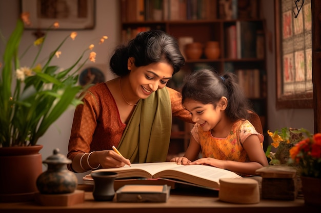 Indische Mutter und Tochter machen zu Hause Hausaufgaben
