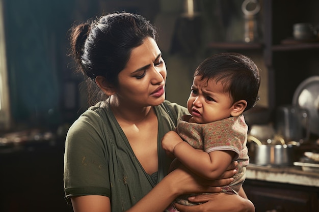 Indische Mutter versucht, ihr weinendes Baby zu beruhigen