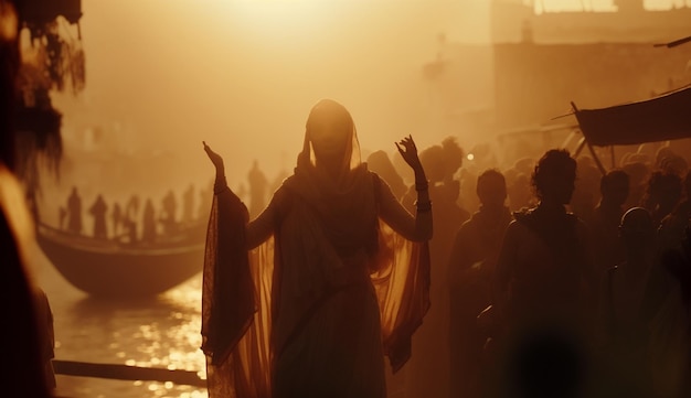 Indische Pilger baden in der Abenddämmerung im Ganges