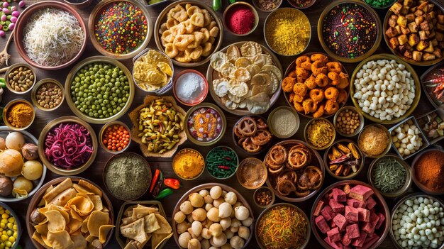 Foto indische snacks chaat mit jedem element sorgfältig angeordnet gegen einen hintergrund von farbenfrohen