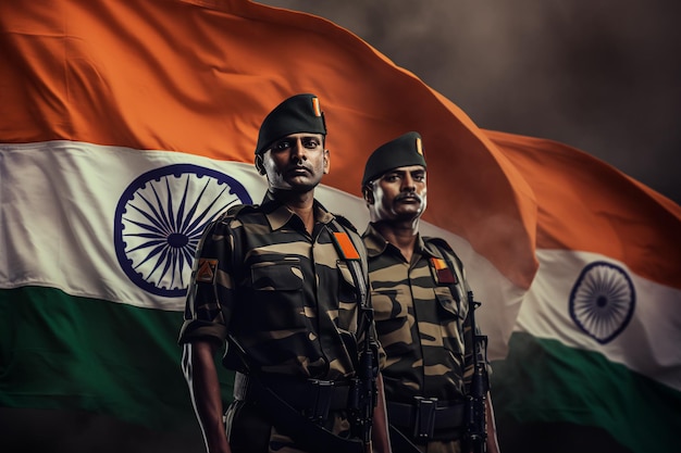 Indische Streitkräfte auf dem Hintergrund der indischen Flagge. Kunstbild der Armee, KI-generiert