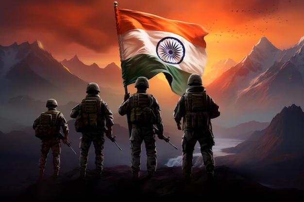 Indische Streitkräfte auf dem Hintergrund der indischen Flagge. Kunstbild der Armee, KI-generiert
